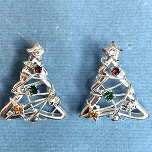 Colorful Rhinestones Christmas Tree Earrings Pierced SILVER Studs